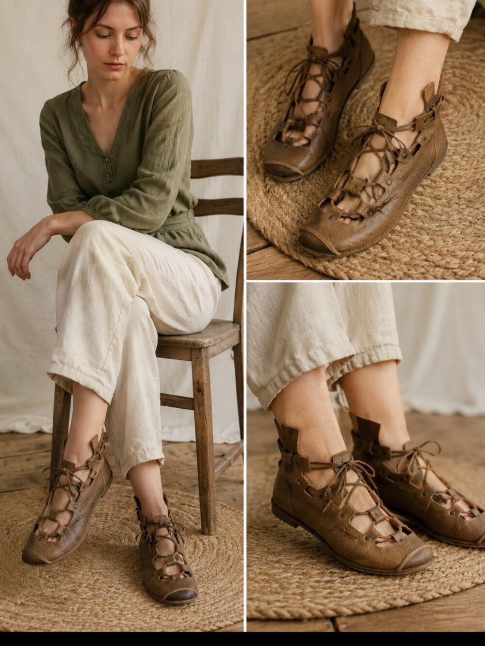 Trippen Leather Women's brown lace up Flat Sandals Shoes Size 39 EUC